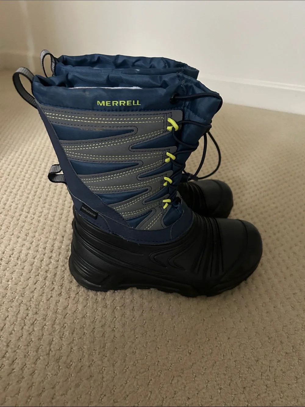 Merrell Kids Blue and Black Snow Boots with Easy-Pull Closure